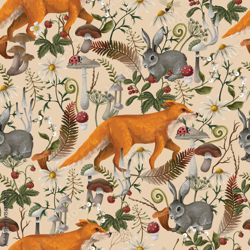 Vector autumn seamless wood pattern with fox, rabbit and mushrooms