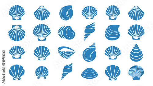 Blue and white seamless vector icon set of natural marine seashells, starfish, and leaf silhouettes for ocean-themed design
