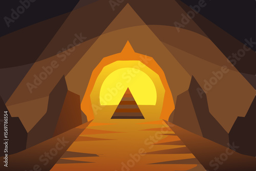Egyptian pyramids at sunset, a desert landscape illustration with camel silhouettes and orange sky