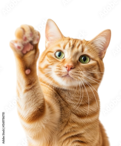 Orange tabby cat playfully waving its paw in the air isolated on transparent background, cutout png