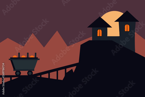 A haunted house illustration in the woods under a moonlit night sky, with a spooky cottage silhouette surrounded by trees