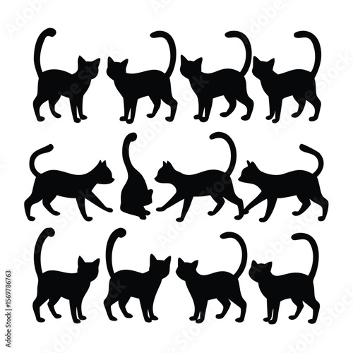 Silhouetted black cat shapes arranged in a repeating pattern for creative design and illustration