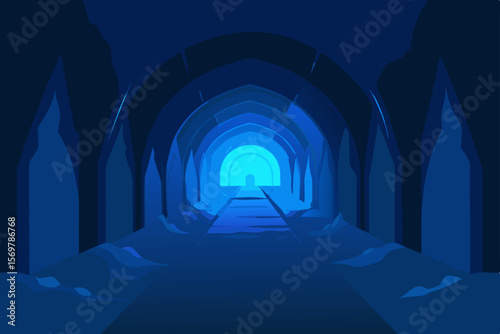 Dark blue ancient stone tunnel with gothic arches and light piercing through the corridor
