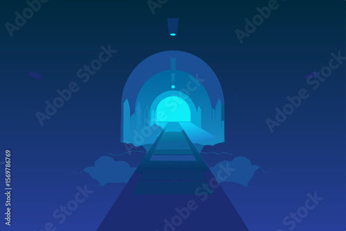 Door to the heavens with ethereal light piercing through, revealing a cosmic night sky adorned with stars, a solitary moon, and abstract blue clouds over a dark landscape silhouette