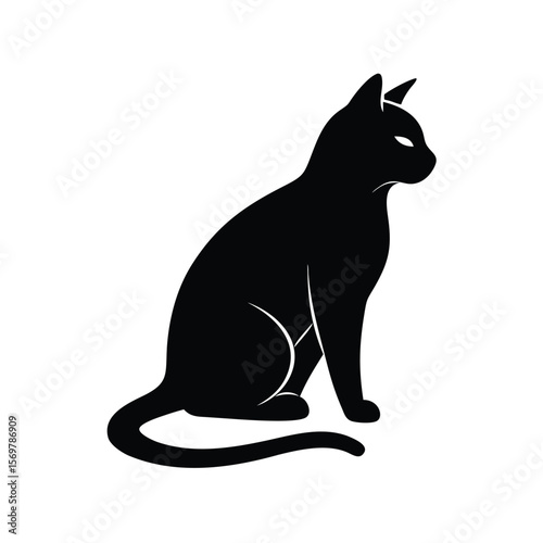 Elegant black cat silhouette sitting gracefully against a clean white background