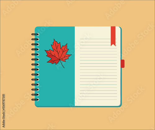 Creative Writing, Notebook with Maple Leaf, Minimalist Style, Digital Illustration, Warm Background, Top View, Artistic Inspiration for Writing Ideas - back to school