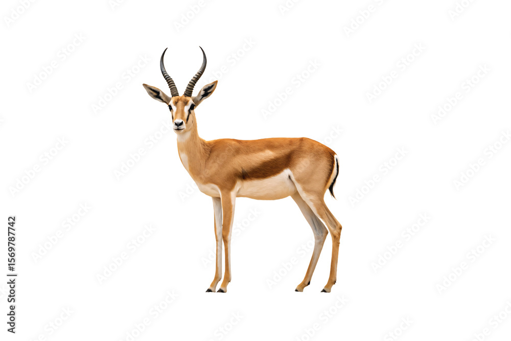 Fototapeta premium Single adult impala buck standing in profile, displaying curved ridged horns and typical reddish-brown coat coloration, isolated on a transparent background
