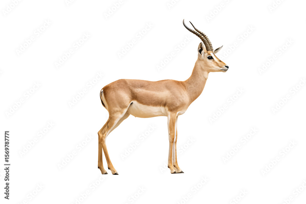 Fototapeta premium Adult impala antelope in side view, showing graceful stance with distinctive horn structure and tan coloring, isolated on a transparent background