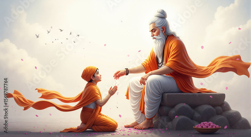 Guru Purnima Artistic Tribute Depicting Guru Passing Wisdom in a Sacred Ceremony