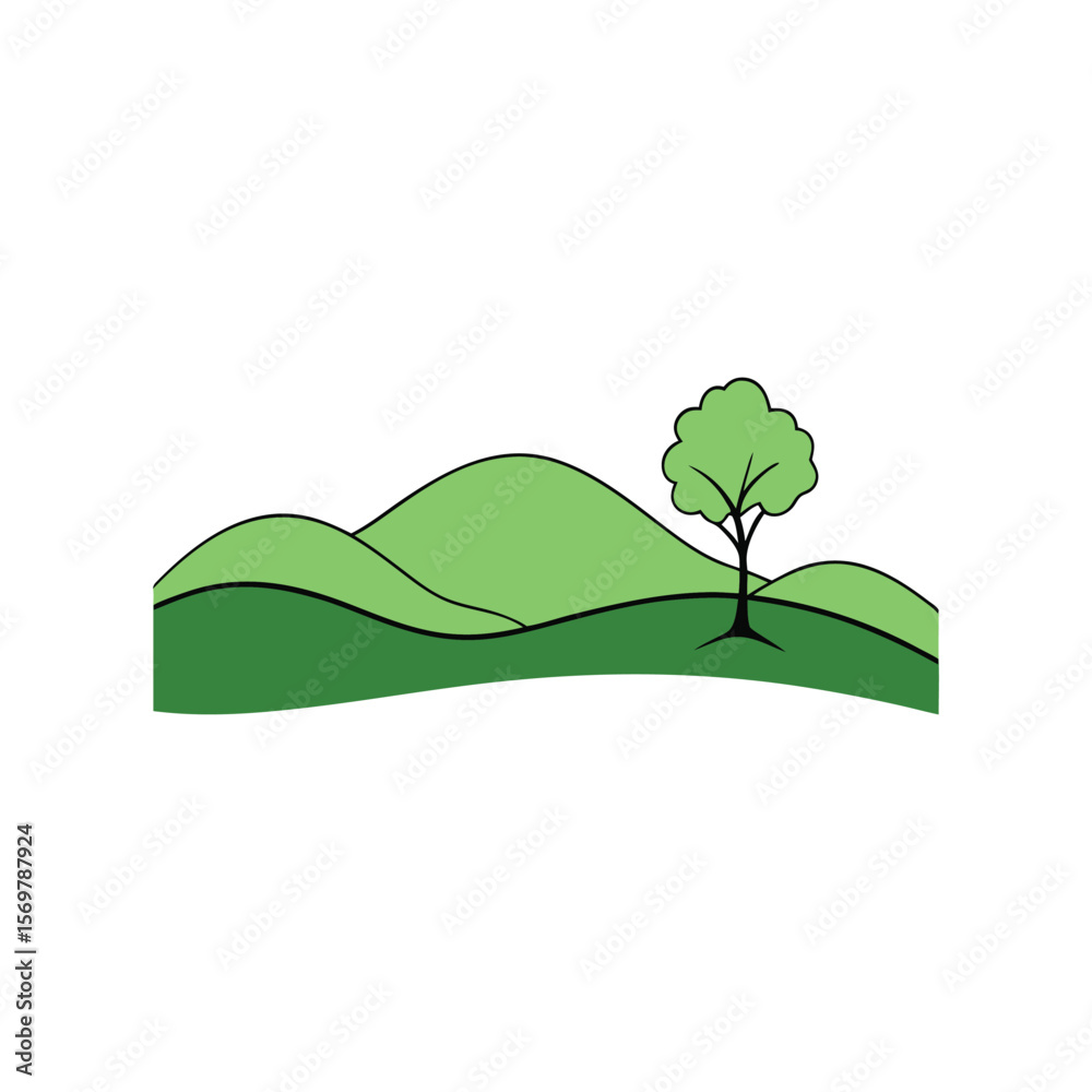 Fototapeta premium A single tree stands on a green rolling hill