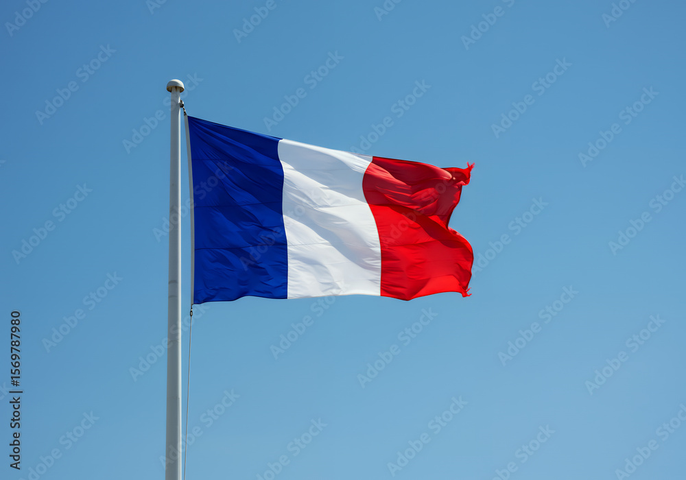 Naklejka premium A French flag waving against a clear blue sky mounted on a metal pole