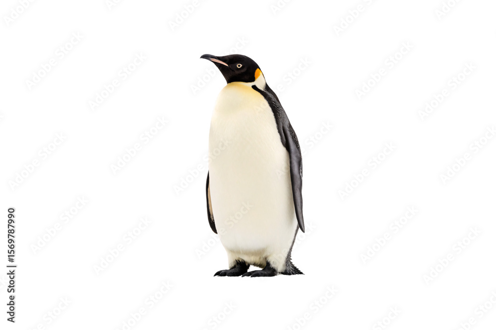 Obraz premium Emperor penguin in profile view showing distinctive black head and white chest coloring, isolated on a transparent background