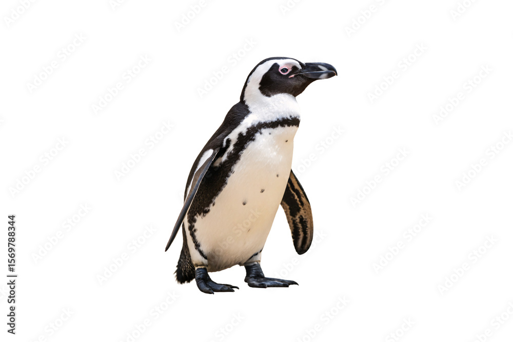 Fototapeta premium African penguin standing upright with black and white plumage and distinctive facial markings, isolated on a transparent background