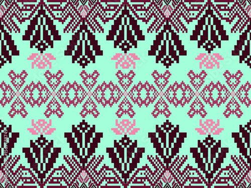 Pixel art ethnic, Pattern fabric pixel, design for background, clothing, decorative, drapery, cloth embroidery, geometric pixel art, handcraft, wallpaper, carpet, bag, card, cushions, Print, ethnic