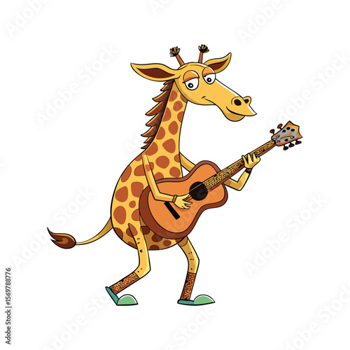 Funny cartoon giraffe playing guitar with hooves and tail, music animal character, cute vector illustration on white background