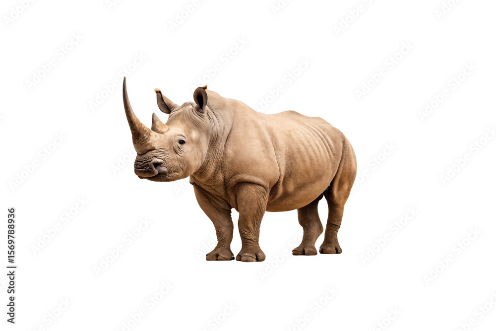 Fototapeta premium White rhinoceros in three-quarter view displaying powerful build and characteristic facial features, isolated on a transparent background