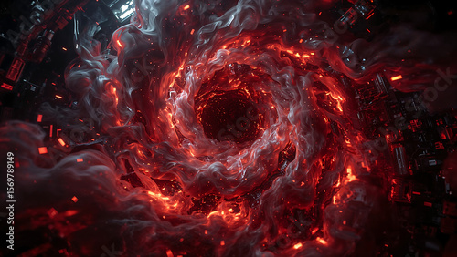 Scarlet and silver smoke shards spiral like a cyclone, glowing with ember light over a mystical, tech-fantasy backdrop of metal and smoke. Dynamic, surreal, and otherworldly.
