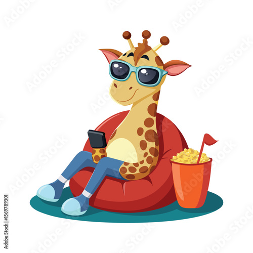 Cool Giraffe Sitting on Bean Bag Wearing Sunglasses and Eating Popcorn Vector Illustration – Funny Animal Cartoon for Relaxation Concepts.