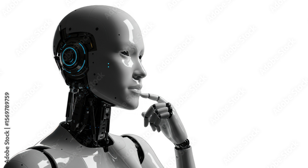 Naklejka premium A gray robot head and torso, thoughtfully considering something.