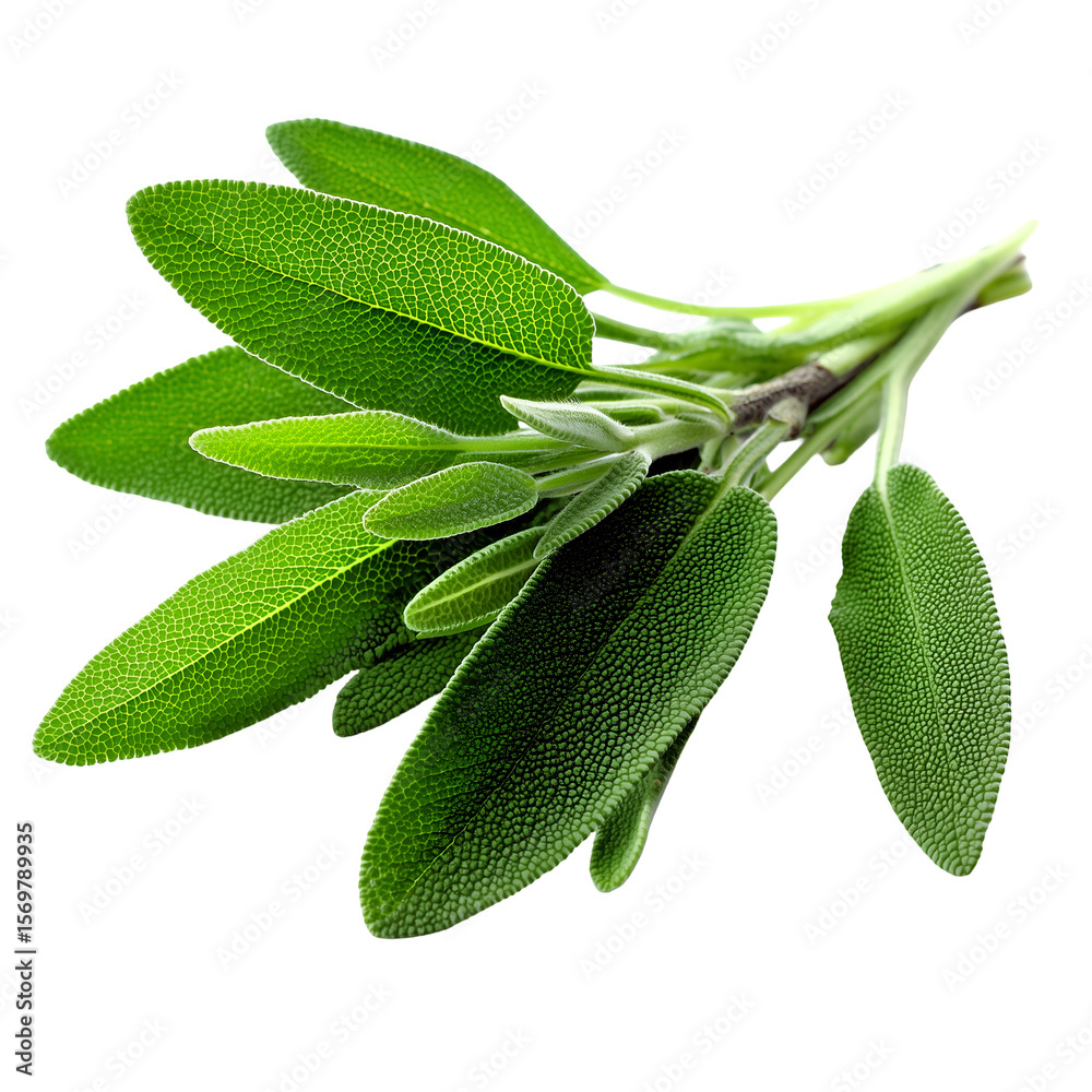 Obraz premium green sage herb leaves twig PNG ,isolated on white background.