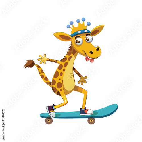 Funny giraffe riding skateboard with scared expression, one hoof raised, cartoon vector on white background, humorous animal clipart