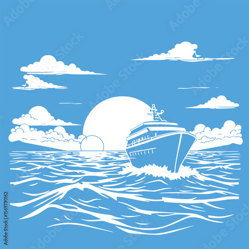 Summer cruise vacation scene with ocean and ship vector design concept illustration.