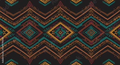 Colorful geometric pattern with zigzags and diamond shapes on black background