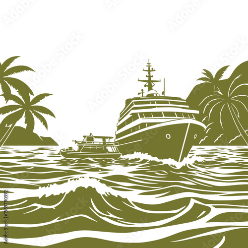 Summer cruise vacation scene with ocean and ship vector design concept illustration.