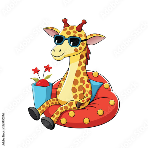 Cool Giraffe Sitting on Bean Bag Wearing Sunglasses and Eating Popcorn Vector Illustration – Funny Animal Cartoon for Relaxation Concepts.