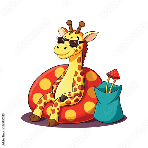 Cool Giraffe Sitting on Bean Bag Wearing Sunglasses and Eating Popcorn Vector Illustration – Funny Animal Cartoon for Relaxation Concepts.