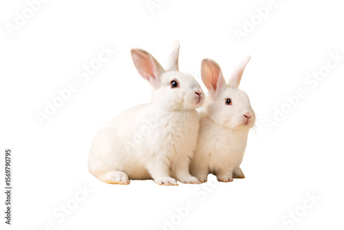 Two white rabbits with pink ears sitting close together looking forward, isolated on a transparent background