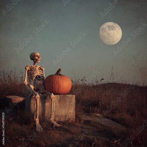 Skeleton and pumpkin sitting in a field, Halloween scene, evening