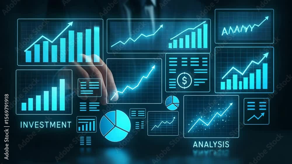 A professional analyzing financial data with holographic graphs and charts. The virtual interface showcases investment trends and statistics, highlighting smart decision-making.