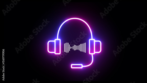 Neon music audio waveform spectrum with microphone sign. audio visualizer beat sound frequency on black background.