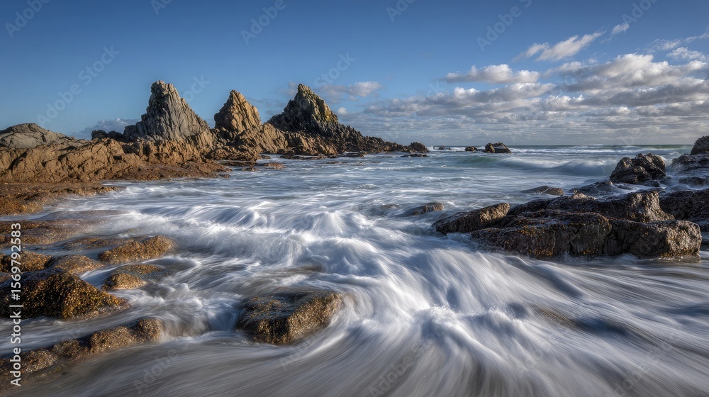 Fototapeta premium Tall black rocks standing above ocean level surrounded by swirling white sea foam
