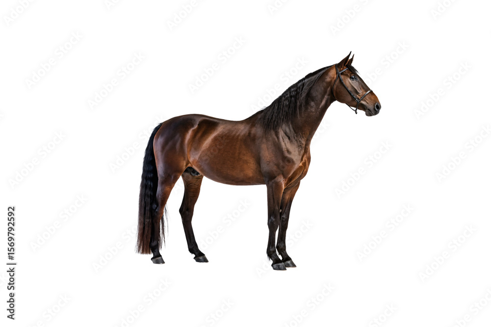 Fototapeta premium Bay colored horse with black mane and tail standing in perfect side profile conformation, isolated on a transparent background