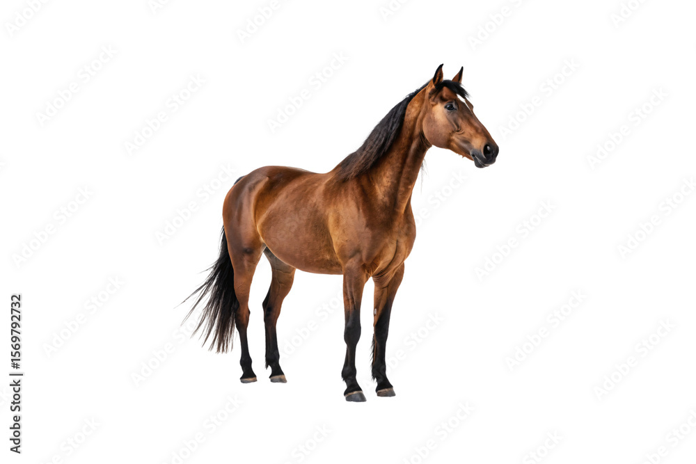 Obraz premium Bay horse with black mane and tail standing in profile pose, isolated on a transparent background