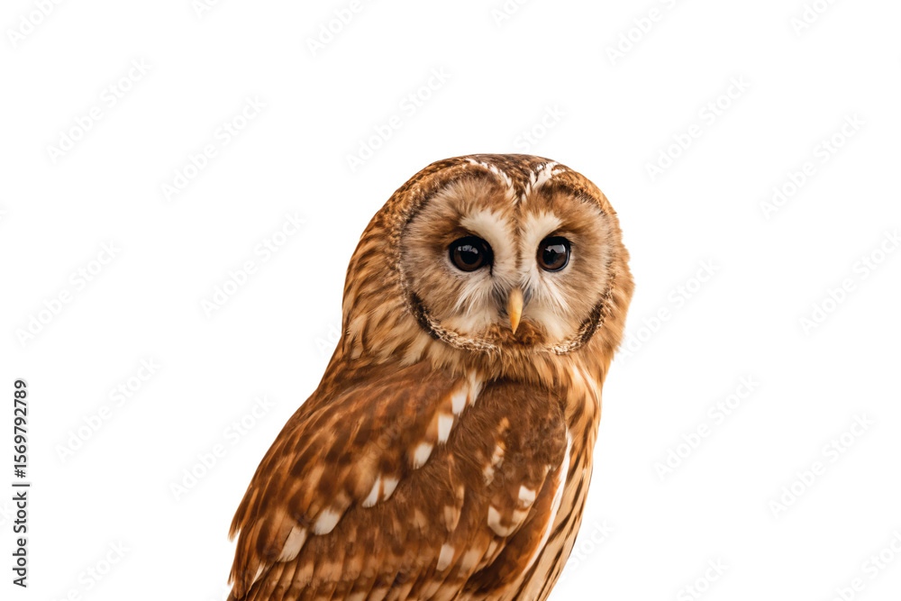 Naklejka premium Tawny owl with distinctive facial disc and dark eyes perched in natural upright position, isolated on a transparent background