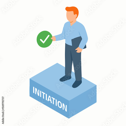 Isometric Style Successful Man Completes Initiation Step and Holds Checkmark Illustration