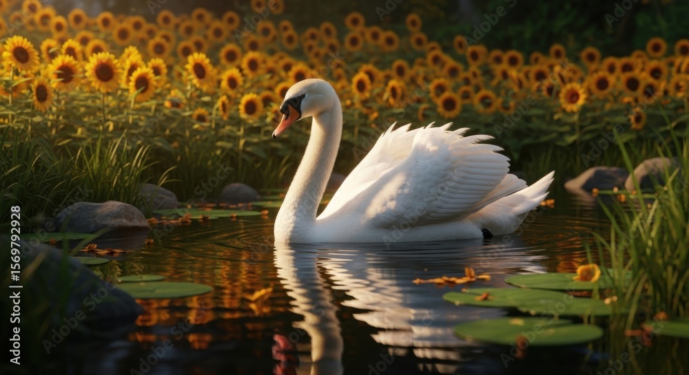 Obraz premium Majestic Swan Gliding Gracefully Through a Sun-Drenched Sunflower Field Pond