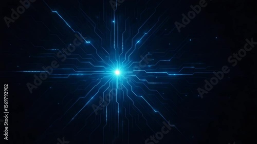 A striking abstract image featuring a bright blue light emanating from a central point, surrounded by intricate circuit patterns, symbolizing innovation and digital advancement.