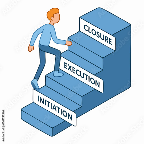 Cartoon Style Project Management Steps Process with a Climbing Man Illustration