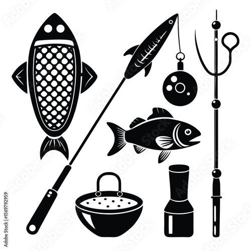 set of fishing rod and fishing hook