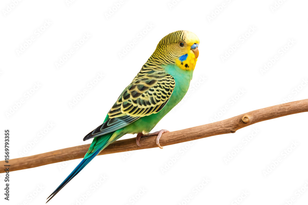 Obraz premium Green and yellow budgerigar parakeet with black striped wings sitting on natural branch, isolated on a transparent background