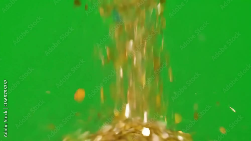 Golden particles falling on a green screen background, for video production, or chroma key usage