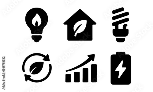 Eco-friendly energy icons: light bulb, home, solar, and battery symbols