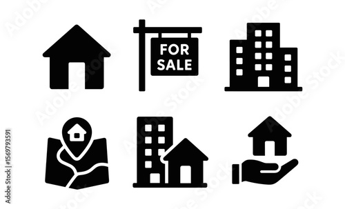 Black icons for real estate: sale, property, location, and buildings