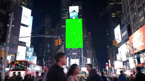 Green screen in Times Square at night, busy crowds, potential advertising backdrop