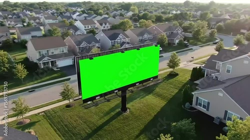 Green Screen Billboard in Suburban Neighborhood - Aerial View