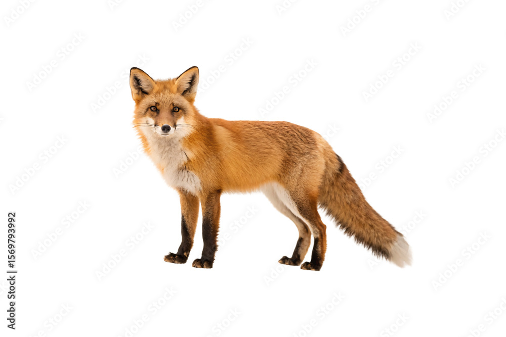 Fototapeta premium Red fox standing alert with bushy tail and pointed ears, isolated on a transparent background
